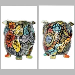 Multicolor Floral Ceramic Pottery Asymmetrical Vase Organic shape Signed